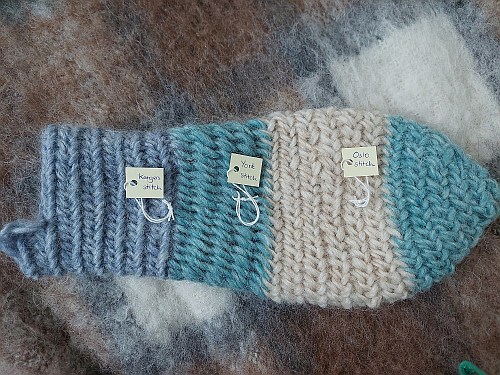 Nalbinding wrist warmers and sampler